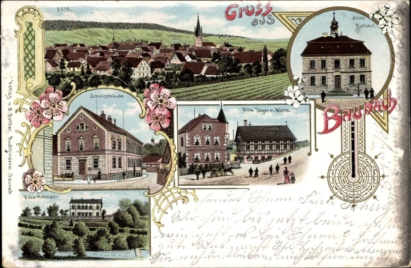 Chromo-Litho Baunach in Upper Franconia, town hall, Villa Jäger with mill, school, general view