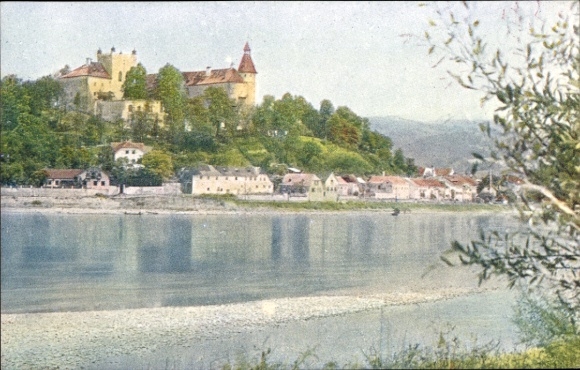 Postcard Ottensheim an der Donau Upper Austria, Danube Castle, houses on the river, green trees