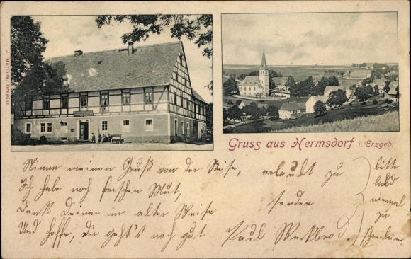 PC Hermsdorf in the Eastern Ore Mountains, view of the town, inn