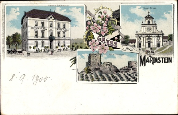 Chromo-Litho Mariastein Canton Solothurn, monastery church, ruins Landskron, Gasthof zur Jura