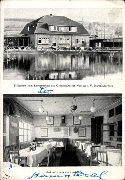 Postcard Markneukirchen im Vogtland, swimming pool of the non-profit association, restaurant of Otto Adler