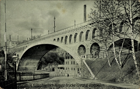 Postcard Plauen in Vogtland, King Friedrich August Bridge, massive arched bridge, height 18 m, span 9