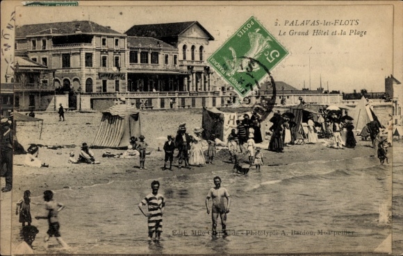 Postcard Palavas les Flots Hérault, Grand Hotel, Plage