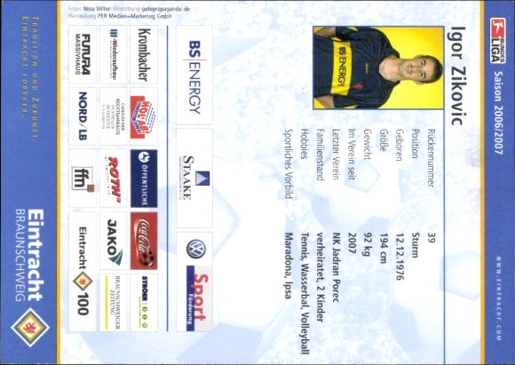 Autograph card footballer Igor Zikovic, Eintracht Braunschweig, autograph