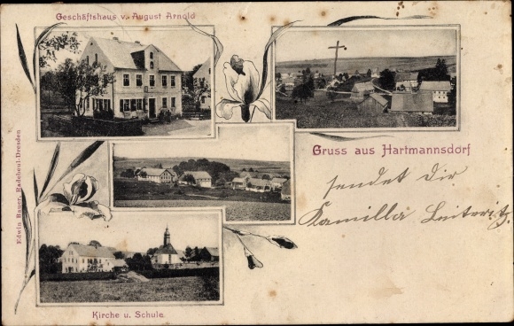 PC Hartmannsdorf Reichenau in the Erzgebirge, commercial building, view of the town, church, school