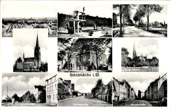 Postcard Holzwickede in the Ruhr area, Catholic church, Ecf. Church, main street, town hall, outdoor swimming pool