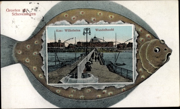 Passepartout Postcard Scheveningen The Hague Südholland, Kon. Wilhelmina Wandelhoofd, Fisch