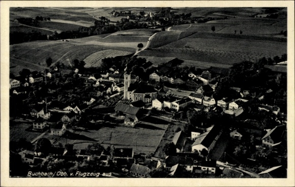 Postcard Buchbach in Upper Bavaria, aerial view of landscape, church, residential buildings