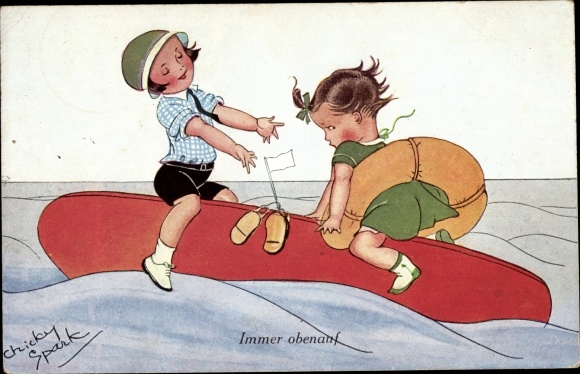 Artist Postcard Spark, Chicky, Boy and girl on a capsized canoe
