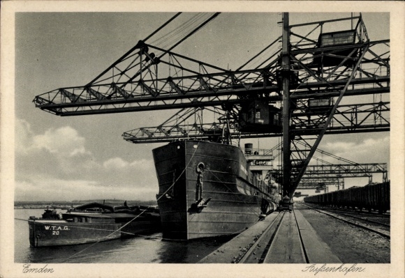 Ak Emden, Außenhafen, Dampfer, Kräne