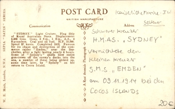 Postcard British warship, HMS Sydney