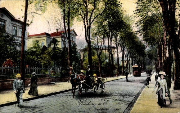 Postcard Hamburg Harburg, Buxtehuder Straße, tram, carriage, passers-by
