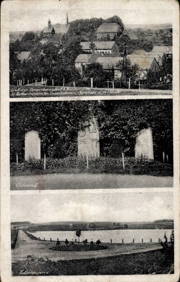 Ak Langenbernsdorf in Sachsen, St. Katharinenkirche, Gemeindeamt, Schule, Ehrenmal, Kobertalsperre