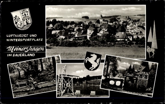 Wappen Passepartout Ak Meinerzhagen im Märkischen Kreis, Ortsblick, Volmequelle, Freibad, Jagdschloß