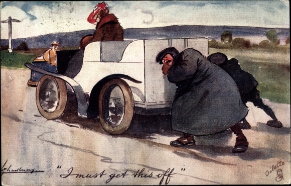 Artist Postcard Thackeray, Lance, Ways of Motors, I must get this off, men push car