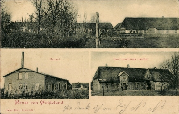 Ansichtkaart Goldelund in Noord-Friesland, melkveebedrijf, herberg van Paul Bendixen