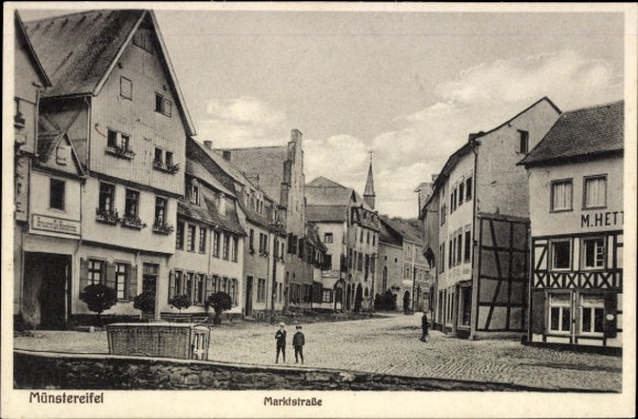 Postcard Bad Münstereifel in North Rhine Westphalia, city view Marktstraße, building, two children
