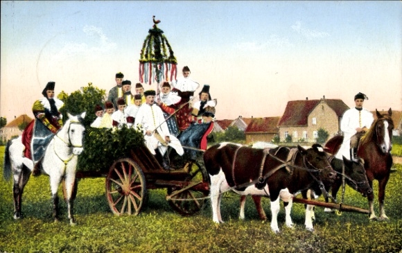 Postcard folk costumes from Schaumburg Lippe and the Hessian lands, harvest wagon, rider