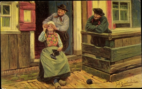 Artist PC Gerstenhauer, JG, young woman and two men in Dutch costume