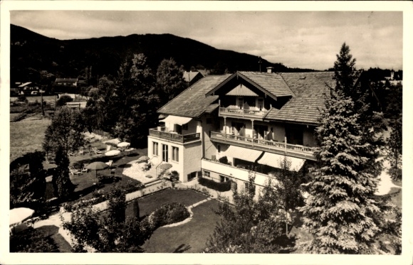 Postcard Bad Wiessee in Upper Bavaria, house with balcony, garden, chairs, trees, mountain scenery
