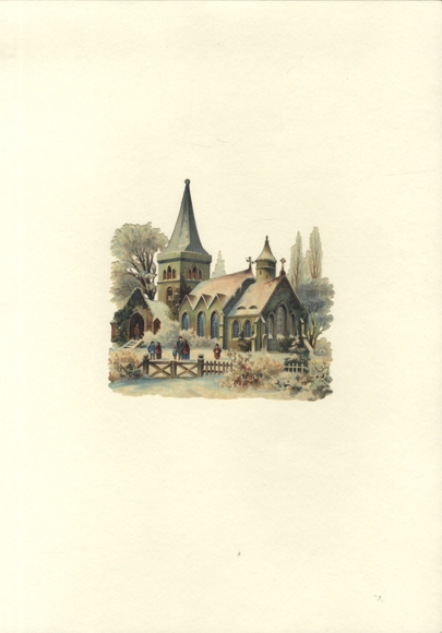 Oblate Church in a winter landscape, size approx. 14.5 x 15.5 cm