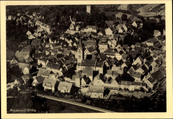 Ak Möckmühl in Württemberg, Luftaufnahme von  viele Häuser, Kirche, ländliche Umgebung