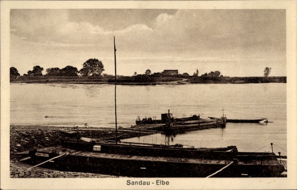 Postcard Sandau on the Elbe, river landscape, boats on the shore, Elbe in the background, trees and hills