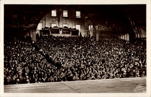 Postcard Oberammergau in Upper Bavaria, festival visitors during the performance