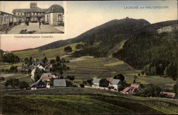 Postcard Waltersdorf Großschönau, Panorama with Lausche, Lausche social square