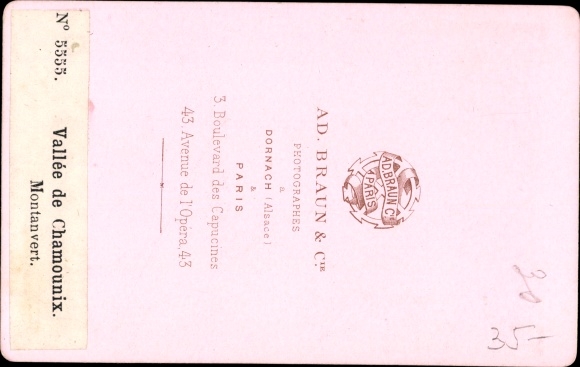 Visiting Card Chamonix Haute Savoie, Mont Blanc, Vallee, Montanvert, Ad. Braun &amp; Compagnie