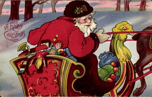 Postcard Merry Christmas, Santa Claus on sleigh