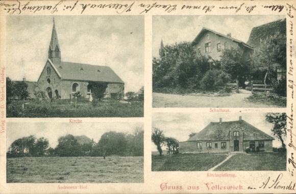 Ak Vollerwiek aan de Eider Noord-Friesland, kerk, Andresens Hof, schoolgebouw, parochiewerper