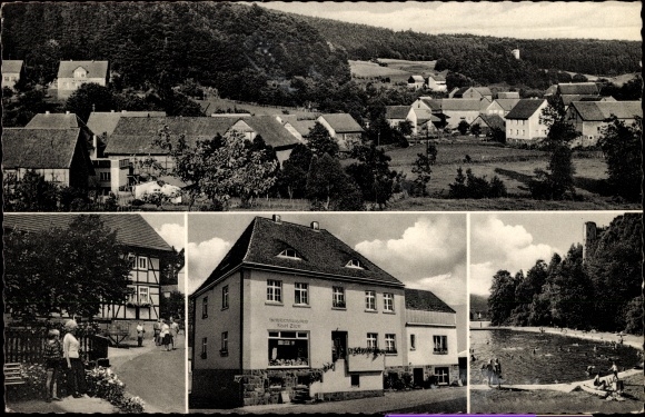 Ak Wallenstein Knüllwald in Hessen, Ortsansichten, Gemischtwaren, Inh. Karl Zinn, Freibad