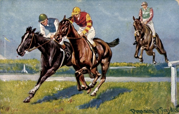 Kunstenaar Ak Donadini, AE, jockeys die paarden berijden, paardenrennen