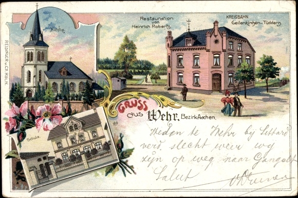 Chromo-Litho Wehr Selfkant North Rhine-Westphalia, church, restoration, circular railway, school