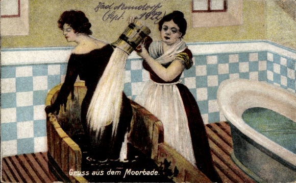 Postcard mud bath, spa treatment, woman in the bathtub