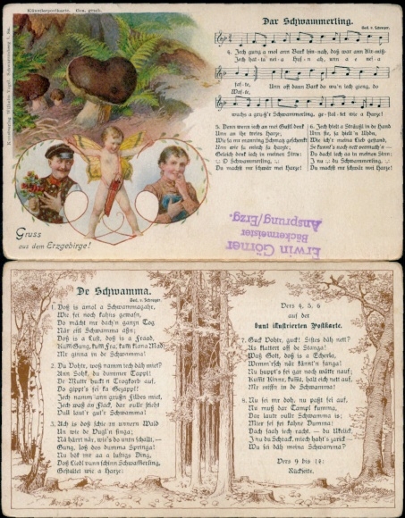 Klapp liedje Ak Dar Schwammerling, De Schwamma, Erzgebirge-dialect, geliefden, liefdesengel, paddenstoelen