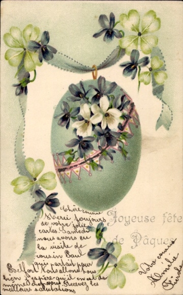 Litho Glückwunsch Ostern, Osterei, Glücksklee, Blumen