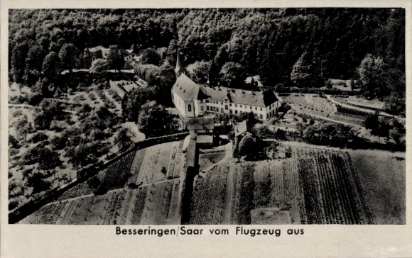Postcard Besseringen Merzig Saar, aerial photograph of the monastery