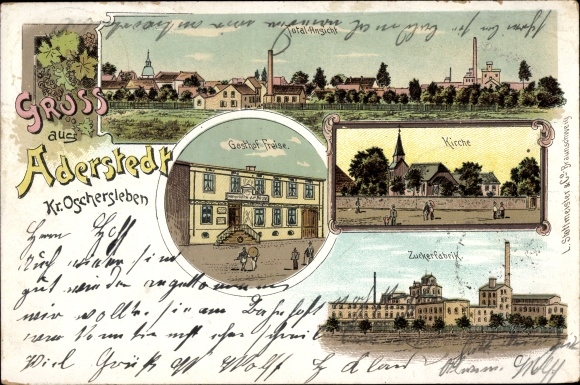 Chromo-Litho Aderstedt Huy district Harz, Gasthof Freise, sugar factory, church, long shot