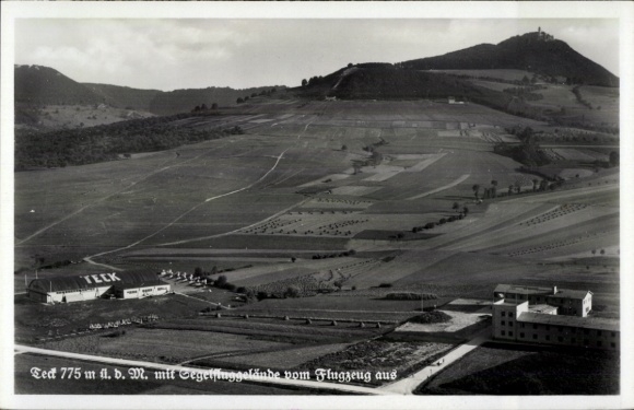 Postcard Owen unter Teck Württemberg, gliding field, Teck Castle, aerial photograph