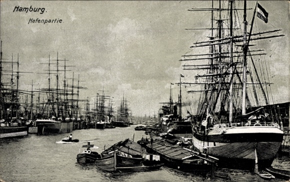 Postcard Hamburg, harbor, sailing ships