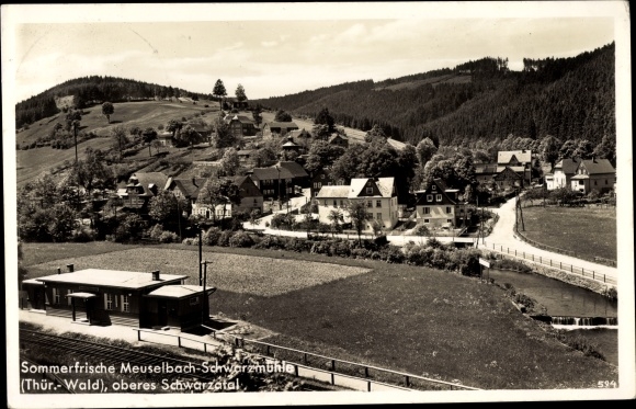 Postcard Meuselbach Schwarzmühle Schwarzatal in Thuringia, panorama, train station