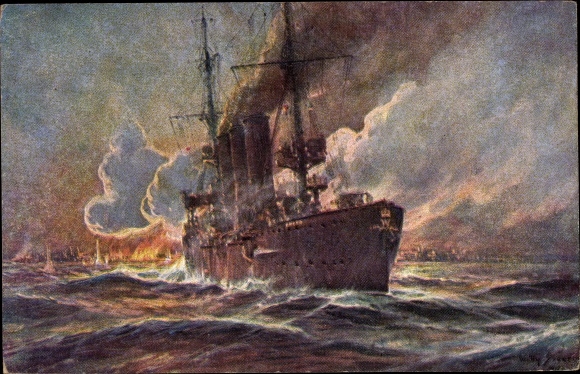 Artist PC Stöwer, Willy, SMS Emden fires at Madras, cruiser, Imperial Navy, I. WW