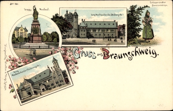 Chromo-Litho Braunschweig in Lower Saxony, Victory Monument, Dankwarderode Castle, woman in traditional costume