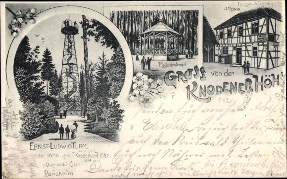Litho Knoden Lautertal im Odenwald, Knodener Höhe, Gasthaus, Mathildentempel, Ernst Ludwig Turm