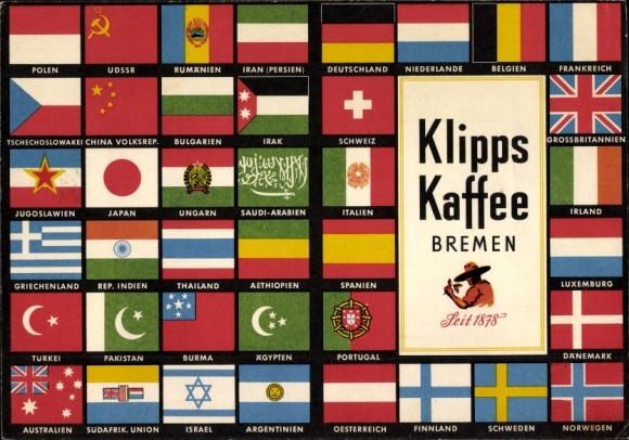 Timetable clips coffee Bremen, country flags around 1960