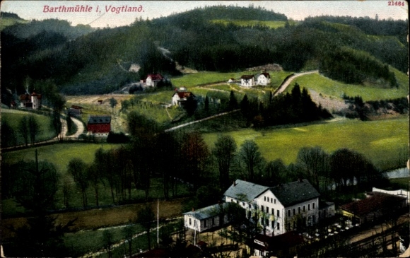 Postcard Barthmühle Pöhl in Vogtland, Barthmühle Inn, town view