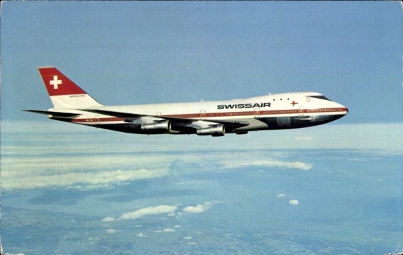 Postcard Swiss passenger plane, Swissair, Boeing 747-257 B