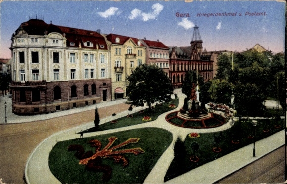 Ak Gera in Thüringen, Kriegerdenkmal, Postamt, Gartenanlage,  Architektur